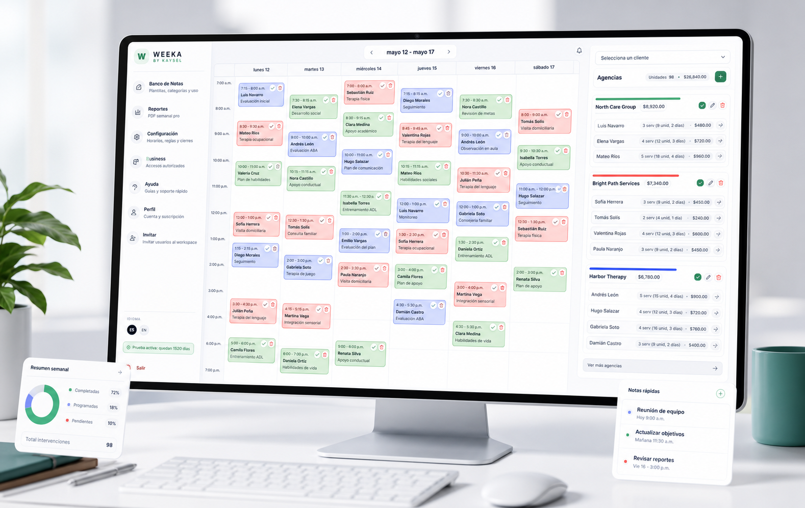 Mockup visual de Weeka con calendario semanal, agencias y clientes ficticios